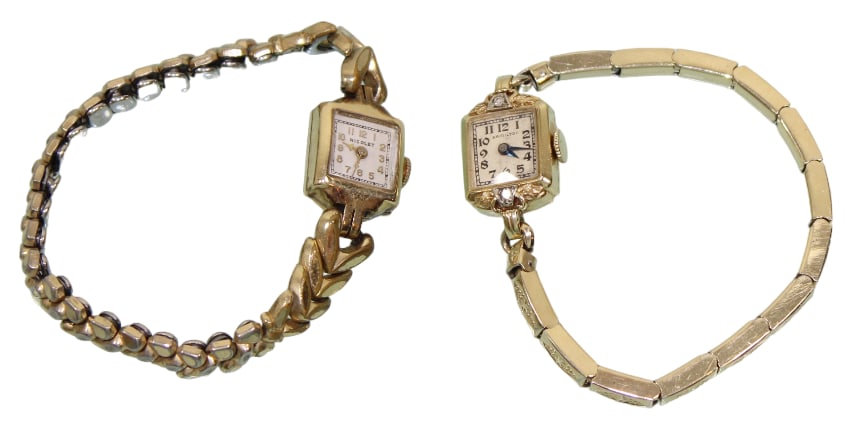 Pair of Vintage Ladies' Watches; Nicolet with 14K Gold Case Plus Hamilton 10K Gold Filled Case: Only the case is 14K, not the band.