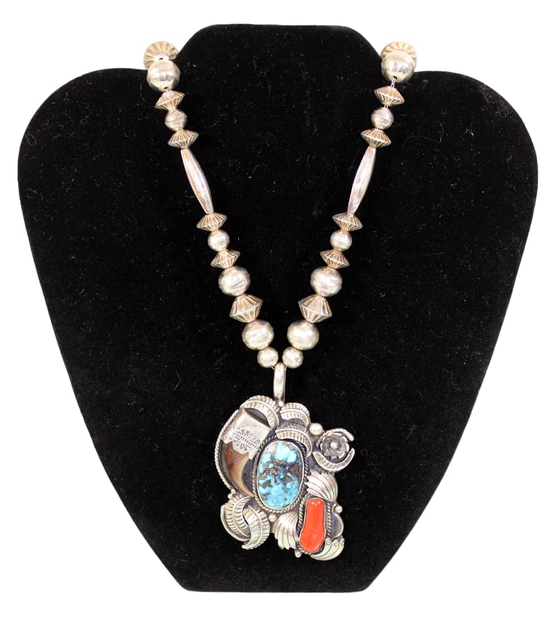 Signed Southwestern Native American Silver Necklace with Claw, Turquoise & Coral Pedant (1 of 10)