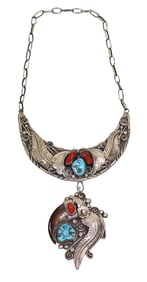 Vintage Native American Silver Necklace with Turquoise, Coral & Bear Claw, Signed FS