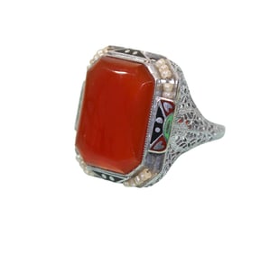 10 Karat White Gold Ring with Dark Orange Stone & Filigree Sides Ring Size 6.5 (4.3g TW)