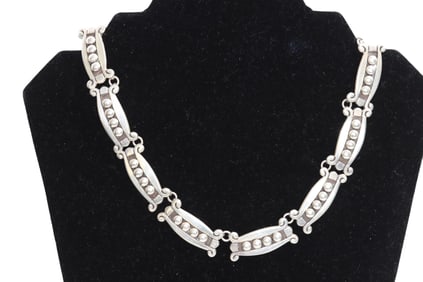 Taxco Sterling Silver Necklace Marked JLF (Jose Luis Flores) and "Emma"