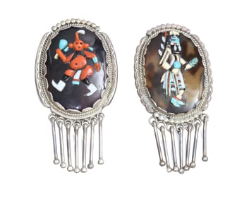Pair of Native American Zuni Sterling Silver Pendants Including Mudman and Kachina
