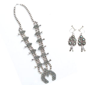 Vintage Zuni Petit Point Squash Blossom & Screwback Earrings Set