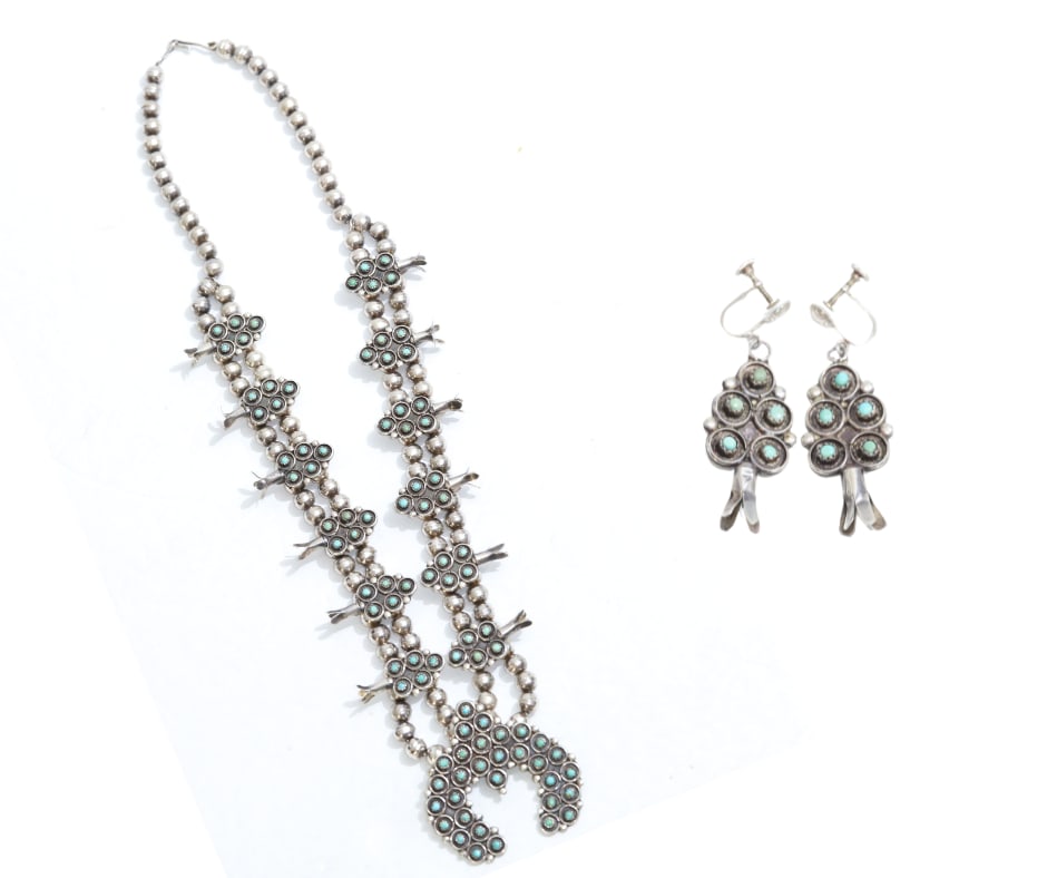 Vintage Zuni Petit Point Squash Blossom & Screwback Earrings Set (1 of 20)