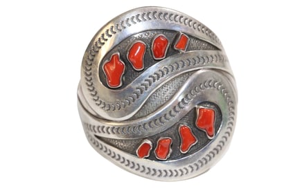 Sterling Silver Cuff Bracelet with Coral Accents