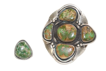 Natural Green Stone Sterling Silver Cuff Bracelet and Ring (size 8.5)