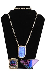 Barbie Koncher Sterling Framed/ Backed Studio Glass Pendants + 24" Chain