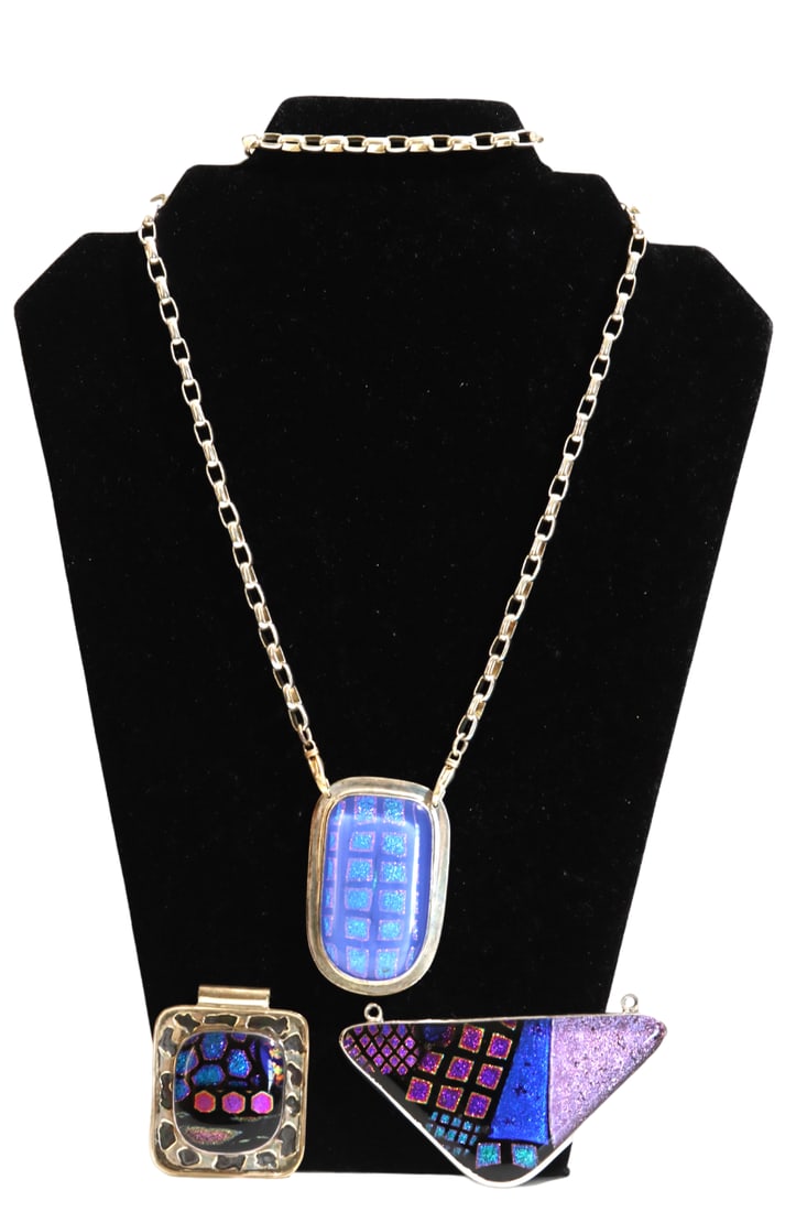 Barbie Koncher Sterling Framed/ Backed Studio Glass Pendants + 24" Chain: Barbie Koncher Sterling Framed/ Backed Studio Glass Pendants + 24" Chain