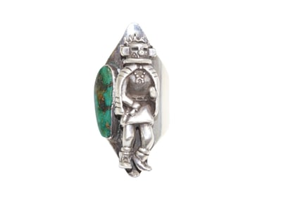 Signed E.V. Jr Navajo Turquoise Sterling Silver Kachina Ring Size 8