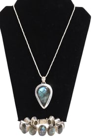 Labradorite Pendant on Sterling Silver Chain + Sterling Silver Labradorite Bracelet