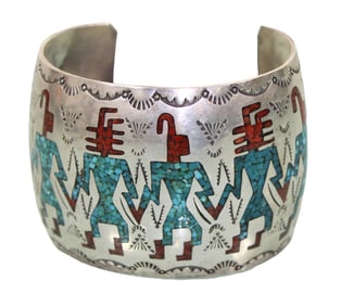 Native American Wide Silver Cuff with Coral & Turquoise Inlay