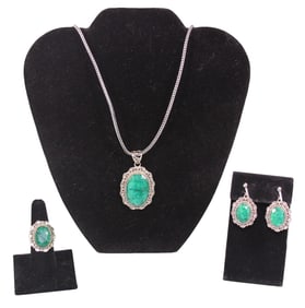 Sterling Silver Set with Matching Necklace, Ring & Earrings with Green Stones