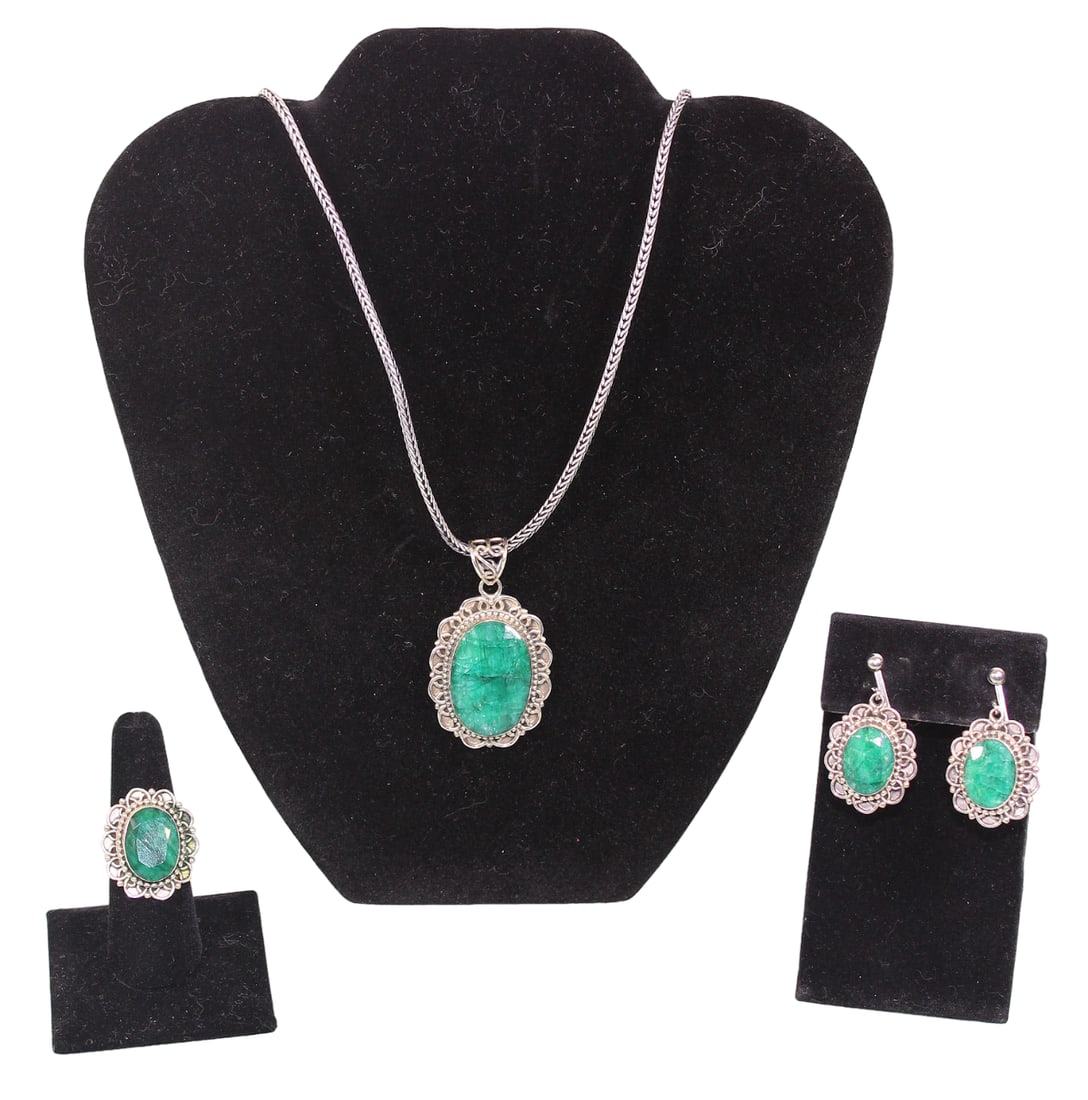 Sterling Silver Set with Matching Necklace, Ring & Earrings with Green Stones (1 of 16)