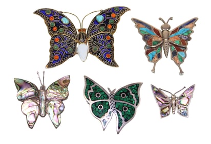 5 Sterling Silver Butterfly Brooches with Different Inlays