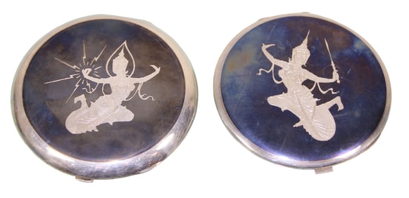 Pair of Thai Sterling Silver Compacts, One with Original Box
