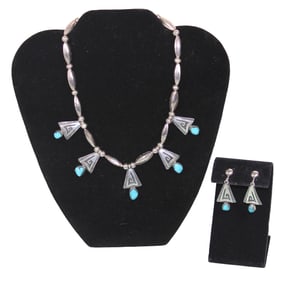 Native American Signed Benson Sam Silver Necklace & Matching Earrings