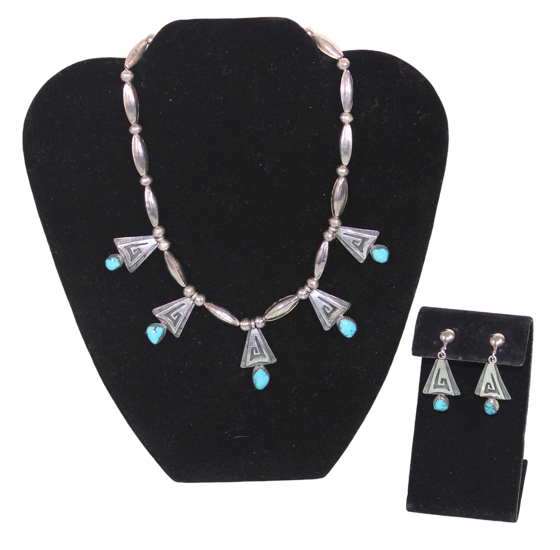Native American Signed Benson Sam Silver Necklace & Matching Earrings (1 of 12)