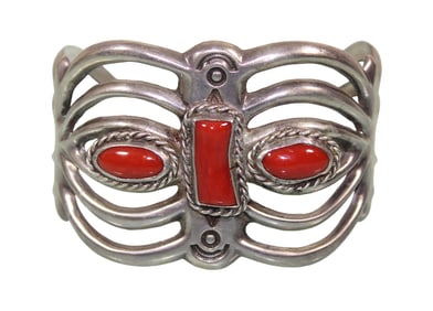 Native American Silver & Coral Cuff Bracelet