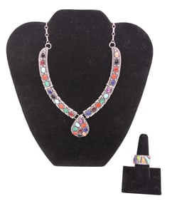 Signed Native American Sterling Silver Necklace w Inlaid Stones, Plus Ring