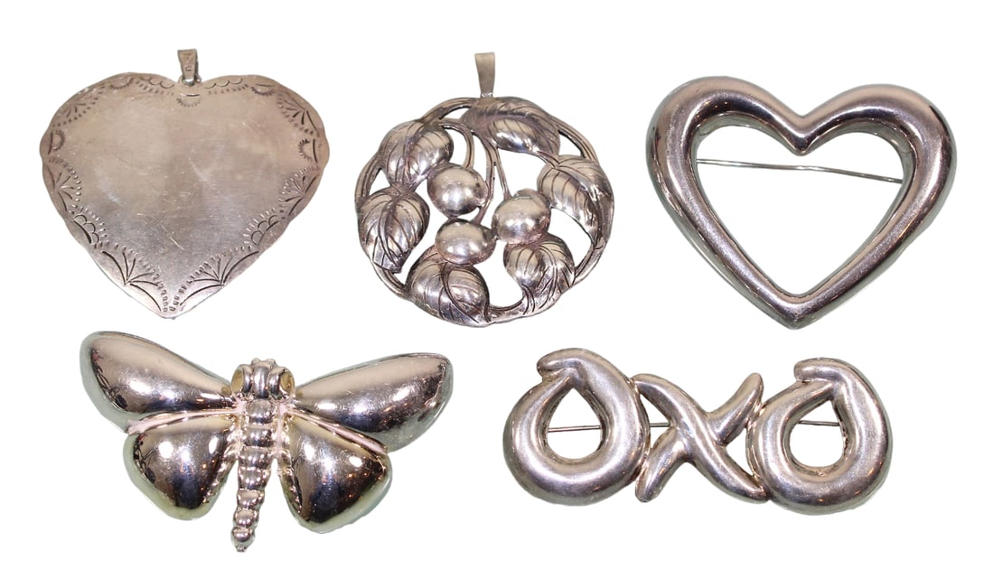 Sterling Silver Brooches & Pendant, Some are Signed: Heart brooch signed Zina.