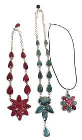 3 Sterling Silver Necklaces with Red & Green Stones
