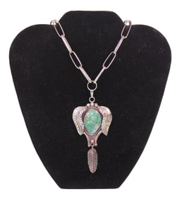 Native American Silver Necklace with Green Stone, Signed "R"