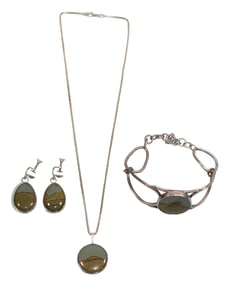 Sterling Silver Necklace, Bracelet & Earrings with Landscape Jasper Stones