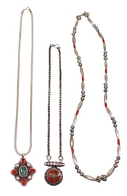 3 Native American Silver, Turquoise & Coral Necklaces