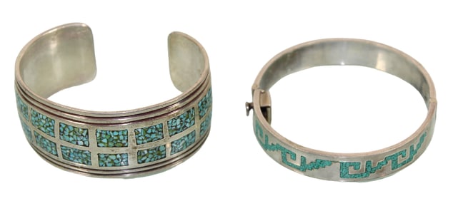 Native American & Mexican Silver Bracelets with Inlaid Turquoise Chips