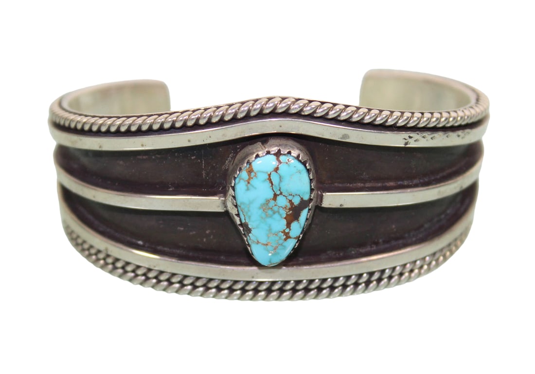 Native American Silver Cuff Bracelet with Turquoise Stone (1 of 9)