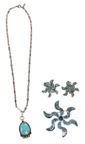 Native American Silver & Turquoise Pendant, Plus Mexican Brooch/Pendant & Earrings