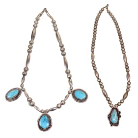 2 Native American Silver Necklaces with Turquoise Stones