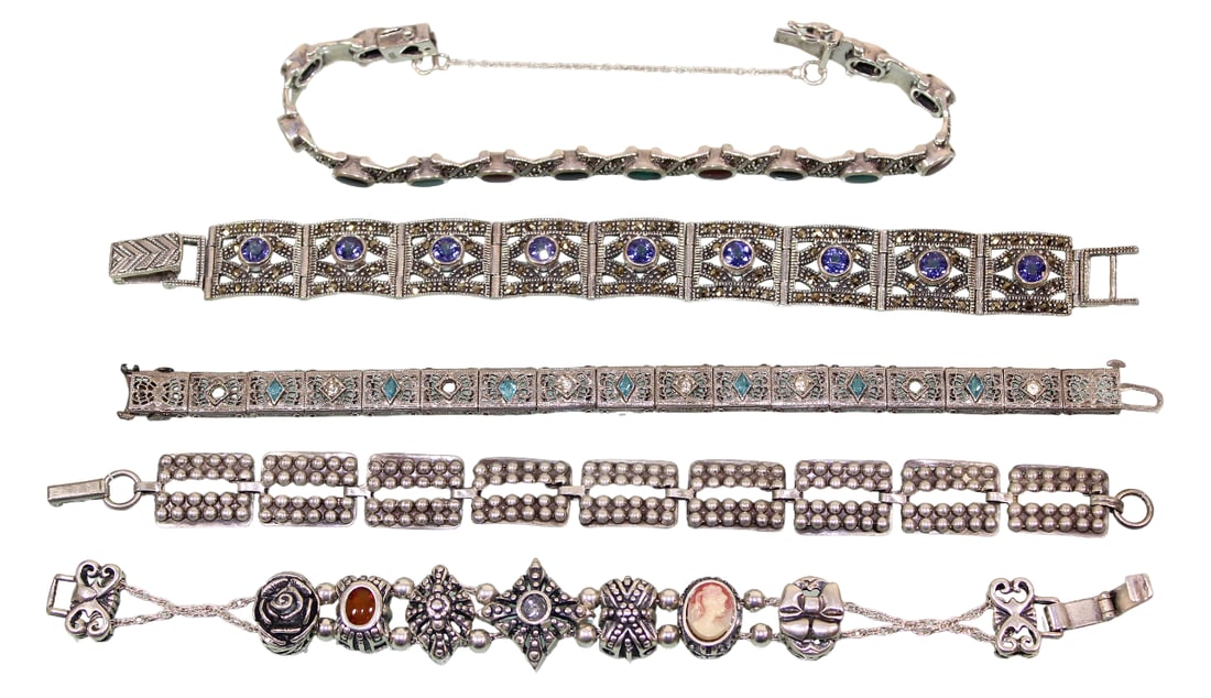 5 Sterling Silver Bracelets, Some Set with Stones: All are approx. 7" long.
