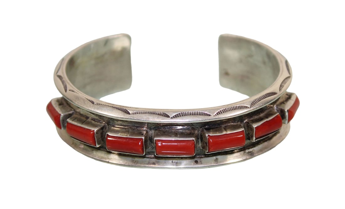 Native American Silver & Coral Bangle Bracelet (1 of 10)