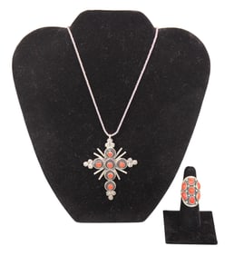 Native American B. Touchine Silver & Coral Ring Size 6, Plus Cross Pendant Necklace