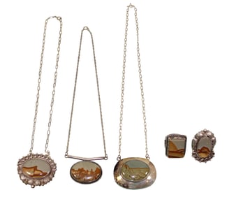 Signed Native American Silver Necklaces & Rings w Landscape Jasper