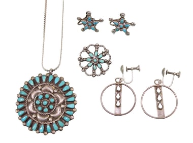 Signed Native American Pendant, Brooch & Earrings