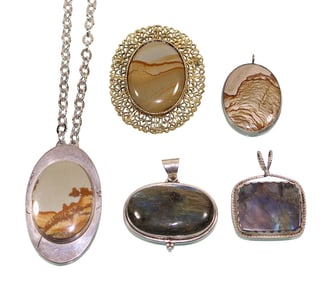 Silver Pendants & Brooch with Inset Stones, incl. Landscape Jasper