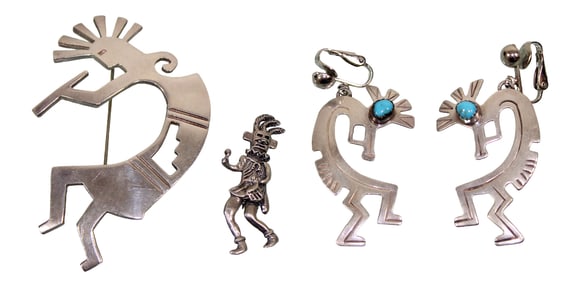 Sterling Silver Kokopelli Brooch & Earrings, Plus Dancing Medicine Man Pin