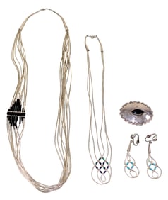 Pair of Silver Bead Strand Necklaces, Earrings & Mexican Sterling Brooch