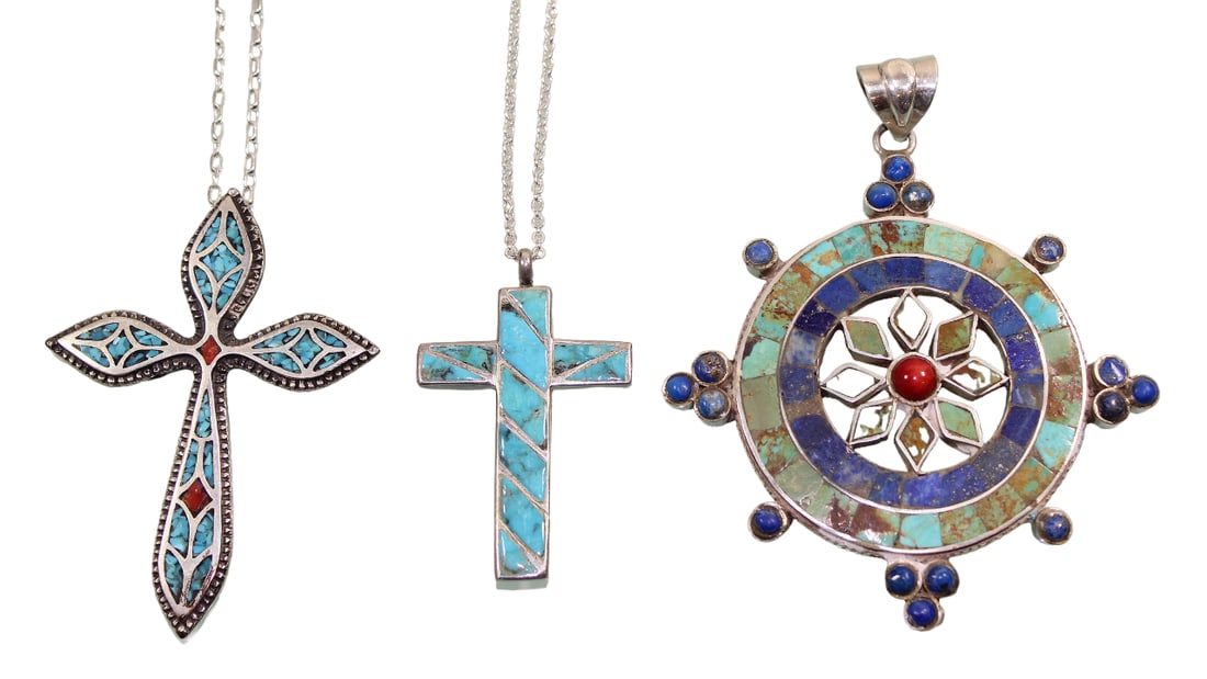 Silver Pendants with Inlaid Stones, 2 with Chains: Largest pendant is marked IW 925 India.