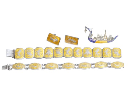 Siam Sterling Silver with Yellow Enamel Bracelets, Screw Back Earrings and Royal Dragon Boat Brooch