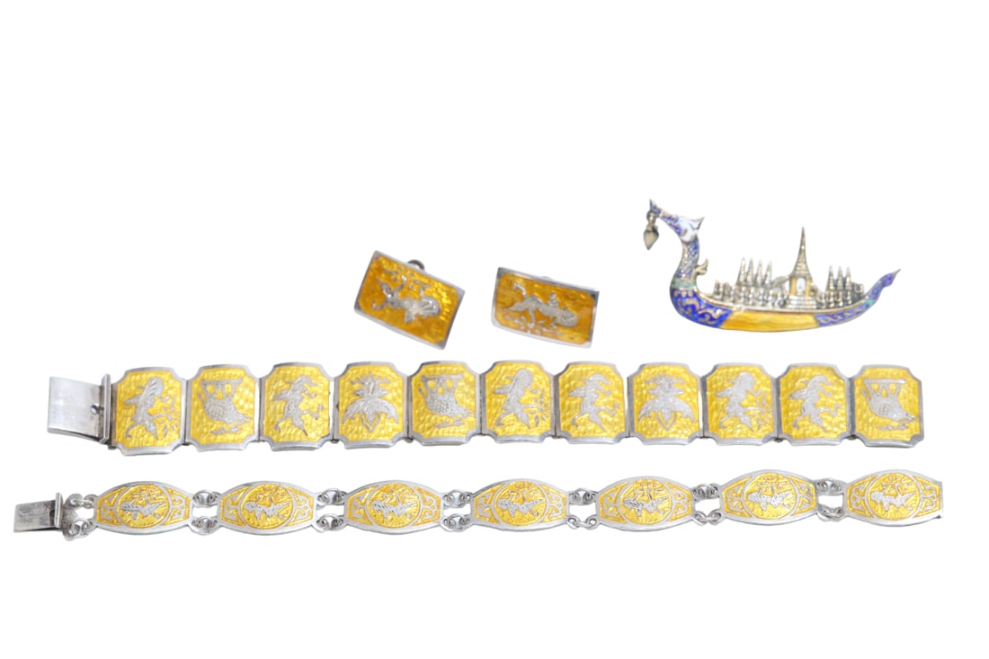 Siam Sterling Silver with Yellow Enamel Bracelets, Screw Back Earrings and Royal Dragon Boat Brooch (1 of 15)
