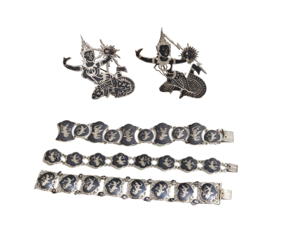 Siam Sterling Silver Black Enamel Bracelets + 2 Siam Sterling Silver Niello Goddess Pins (1 of 16)