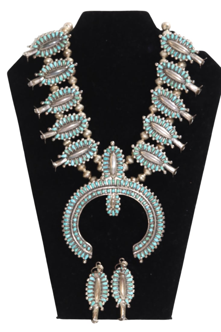 Huge Signed Silver Navajo Squash Blossom Necklace + Matching Earrings (1 of 20)