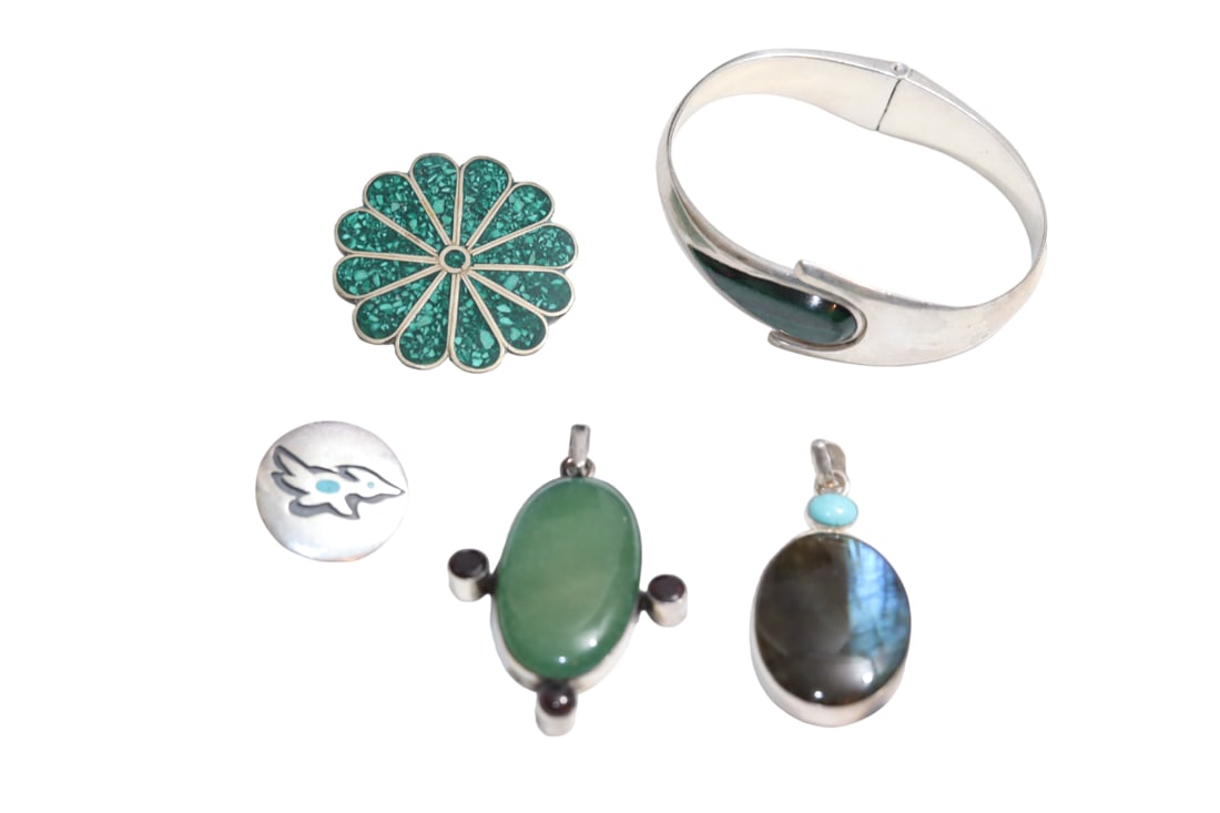 Sterling Silver Brooches, Pendants and Bangle Bracelet with Green Stones: Sterling Silver Brooches, Pendants and Bangle Bracelet with Green Stones