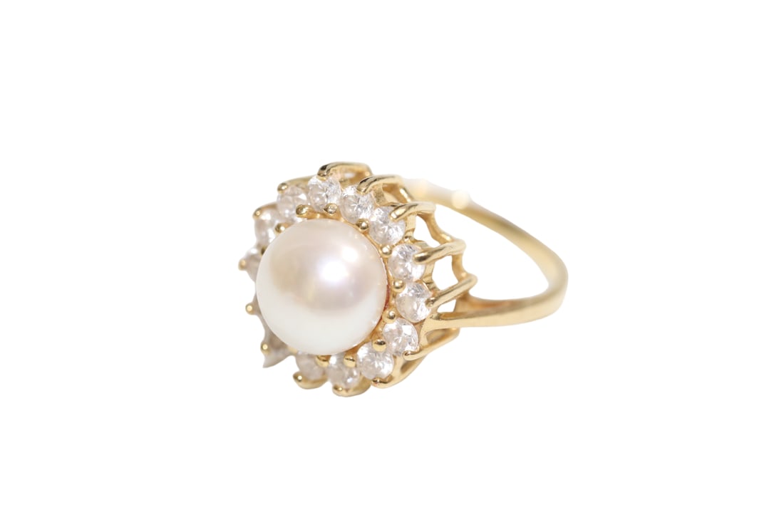 14K Gold CZ Cultured Pearl Ring Size 6 (3.8g TW) (1 of 10)