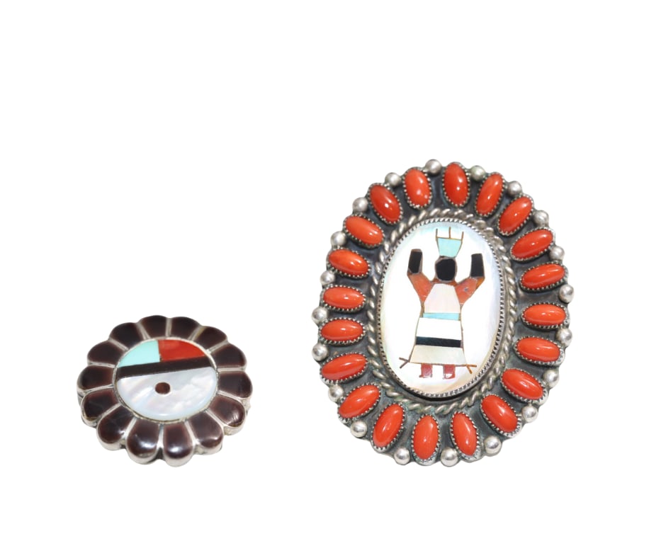 Zuni Inlaid Sun Face Pendant/ Brooch + Navajo Sterling/ Coral/ Inlaid MOP Kachina Ring Size 6.5 (1 of 13)