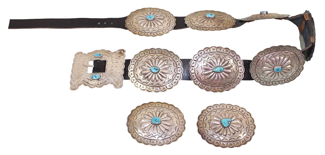 Native American Navajo Silver, Turquoise & Leather Concho Belt: The leather part of the belt is 31" long. It will fit a 25"-26" waist.