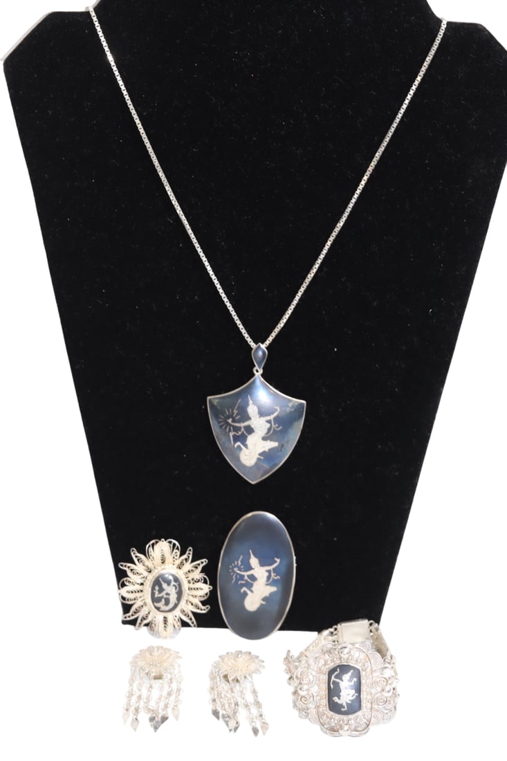 Siam Sterling Silver Pendants, Brooches, Bracelet, and Earrings Featuring Dancing Goddesses: Siam Sterling Silver Pendants, Brooches, Bracelet, and Earrings Featuring Dancing Goddesses. One brooch marked "Alex & Co"